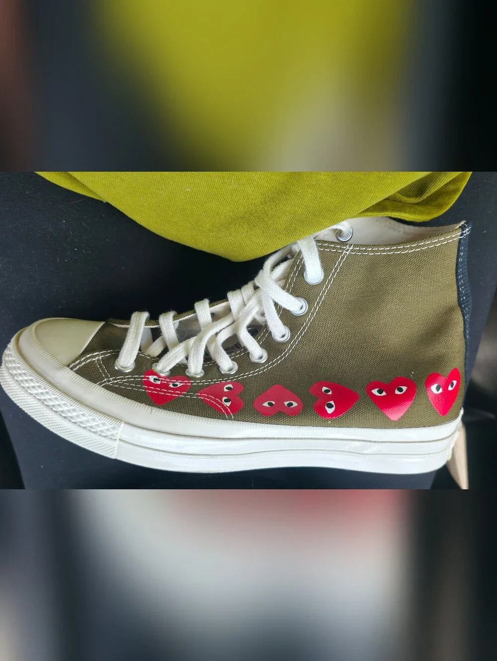 Converse Olive Green High Top Sneakers with Red Heart Accents
